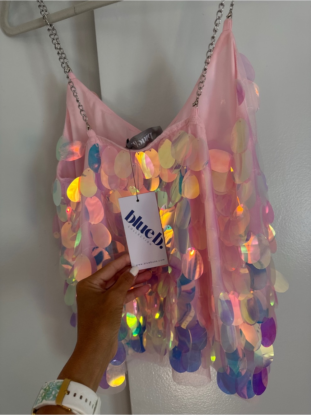 Iridescent Pink Sequin Tank Top with Chain Straps - Picture 4 of 5
